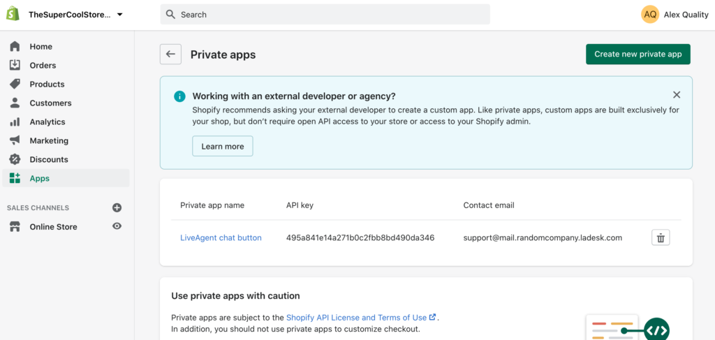 Új privát alkalmazás létrehozása a Shopify-ban a LiveAgent-tel való integráció létrehozásához