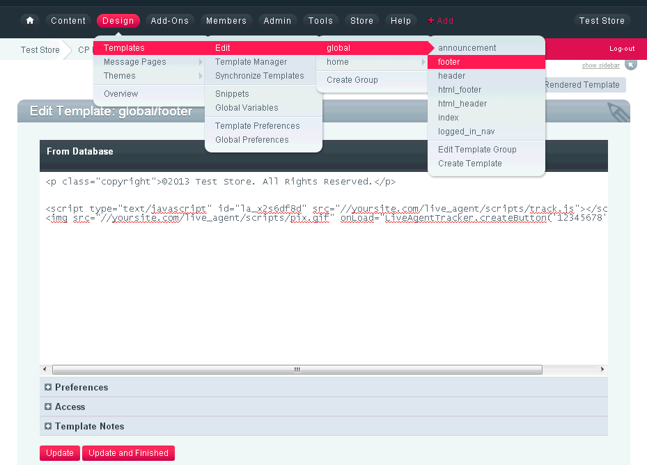 ExpressionEngine webhely kódja a LiveAgent csevegés gomb kódjával