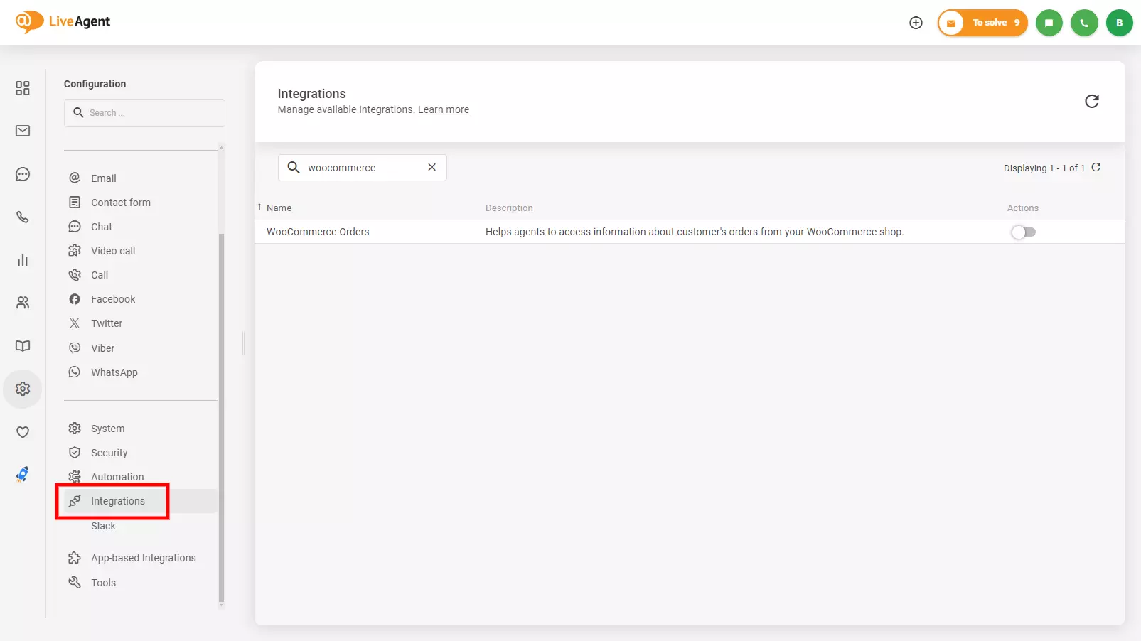 Image showing where to find Woocoommerce integration in LiveAgent
