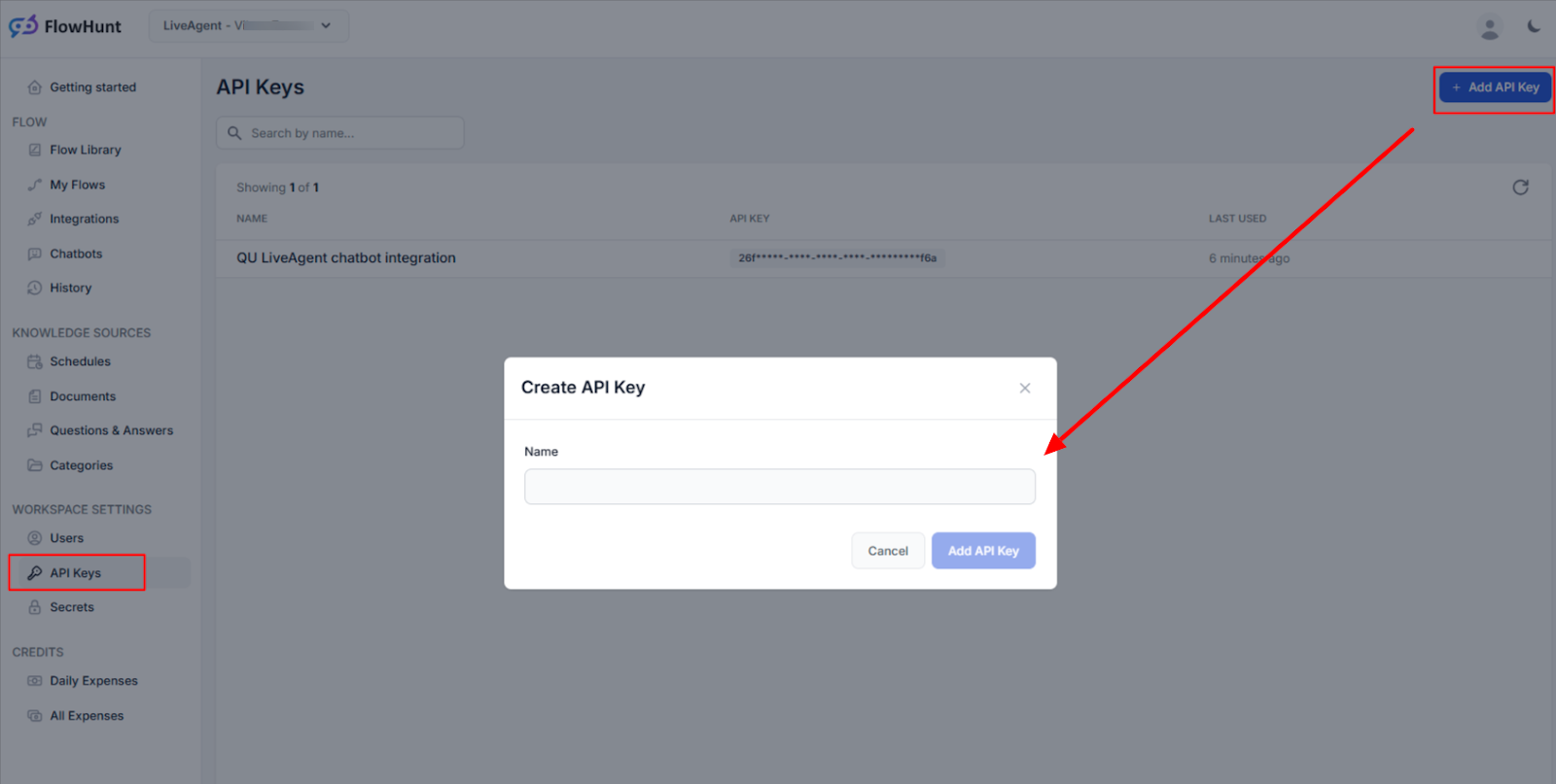 API-kulcs létrehozása a FlowHunt munkaterület LiveAgent-tel való integrálásához