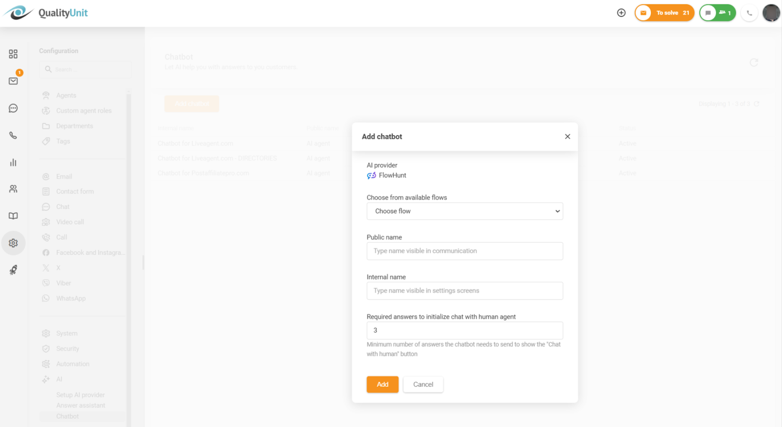 A szükséges válaszok minimális számának konfigurálása az emberi ügynökkel való csevegés lehetőségének engedélyezése előtt
