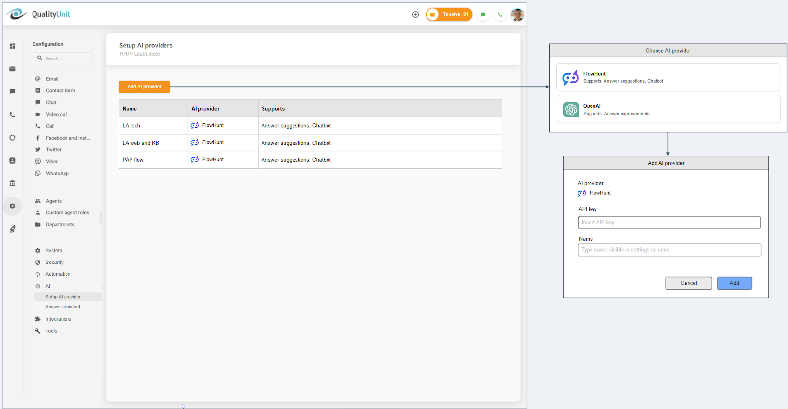 A LiveAgent AI-szolgáltató csatlakoztatása