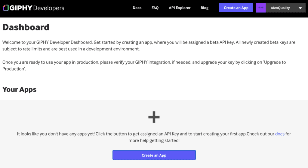 Giphy irányítópult az alkalmazás létrehozási lehetőséggel az API kulcs generálásához