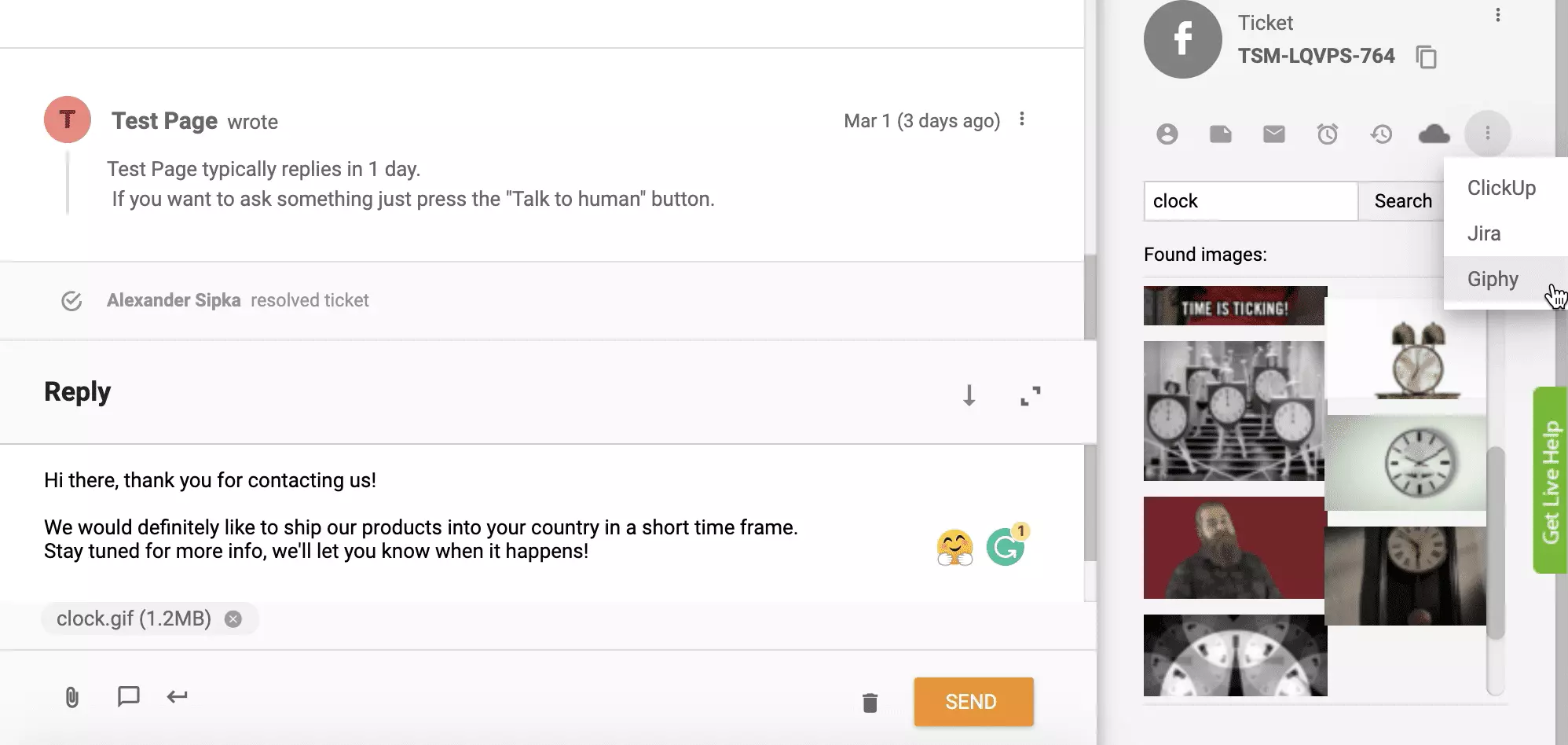 Giphy integráció aktiválva és működik a LiveAgent jegykezelő rendszerben