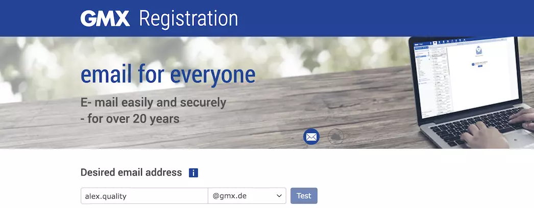 GMX regisztrációs oldal információs mezőkkel