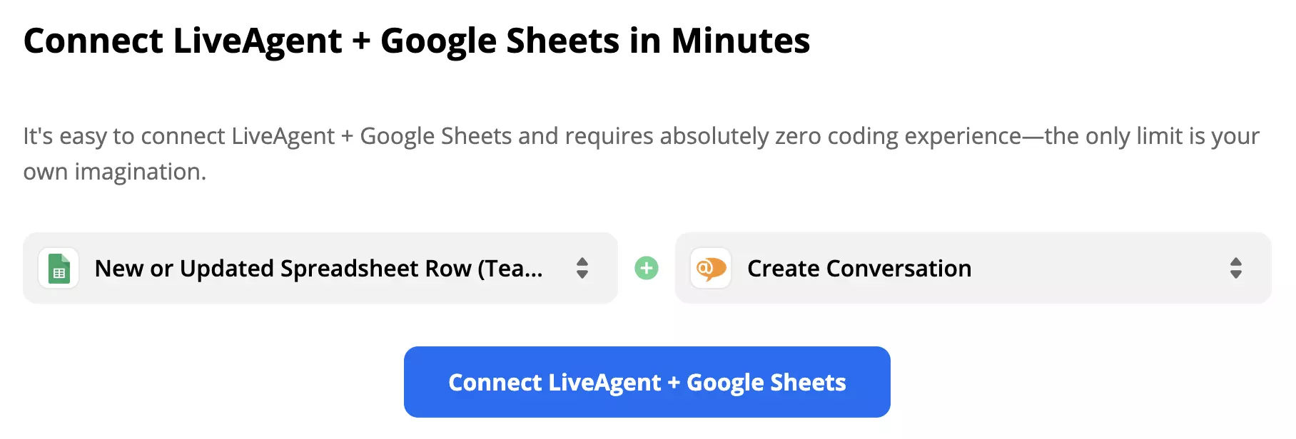 Kiválasztott Google Sheets trigger és LiveAgent action