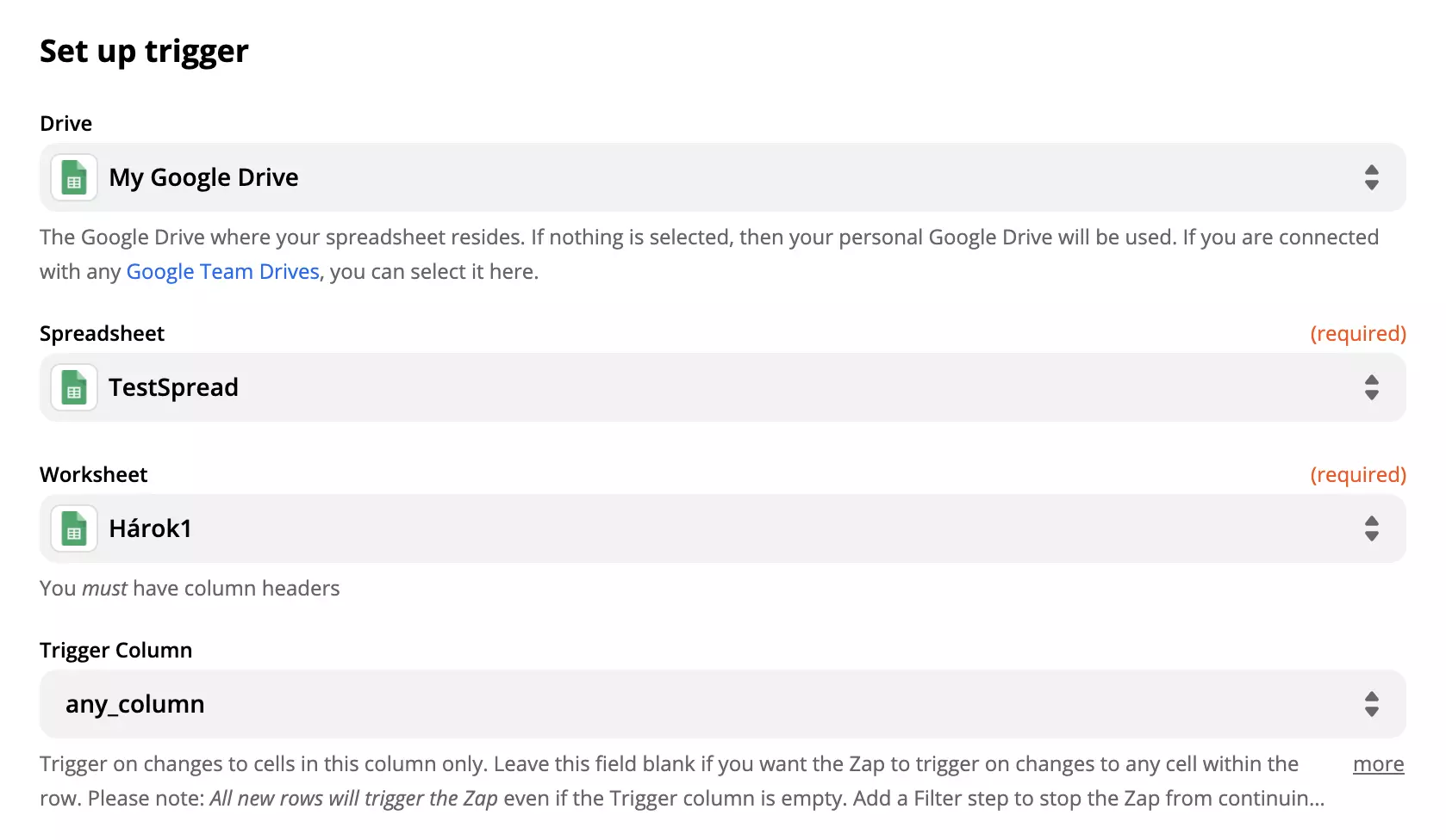 Google Sheets trigger beállítási lehetőségei és mezői