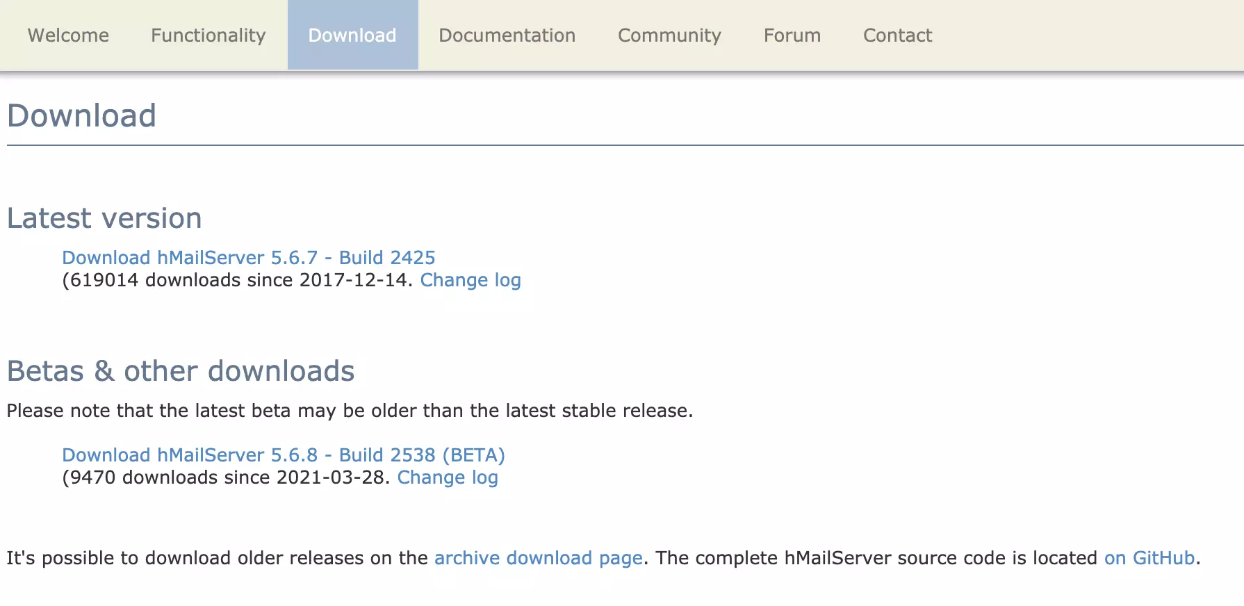 HMailServer letöltési oldal