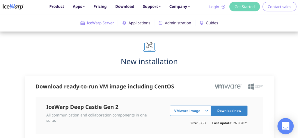 IceWarp weboldal telepítési résszel és letöltési linkekkel