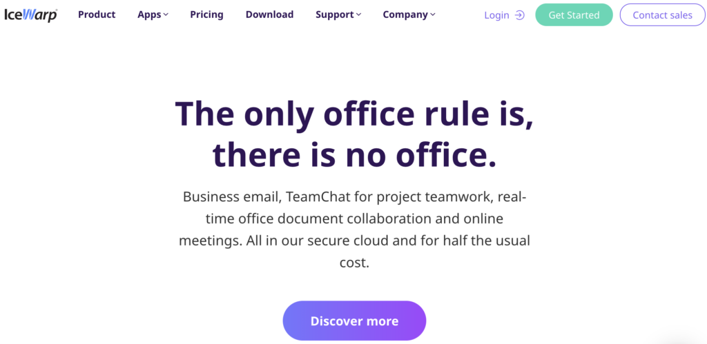 IceWarp kezdőlap szlogennel és aloldal opciókkal