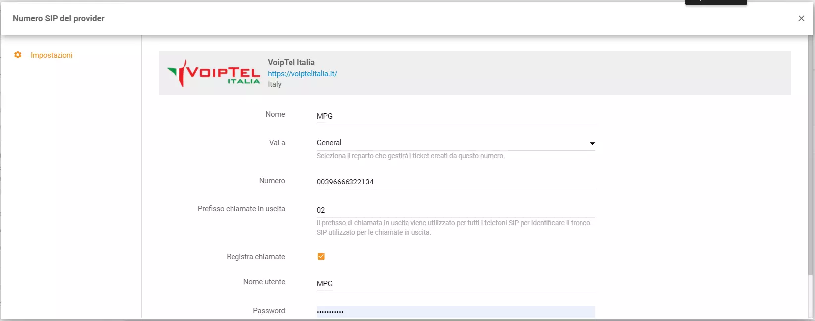 VoipTel Italia hitelesítési adatok