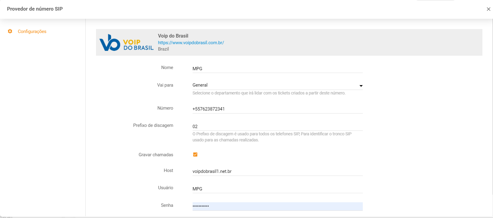 Voip do Brasil hitelesítési adatok megadása