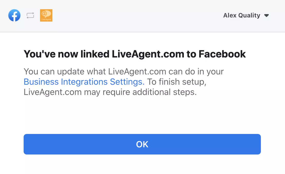 Felugró ablak, amely megerősíti a Facebook és a LiveAgent sikeres integrációját