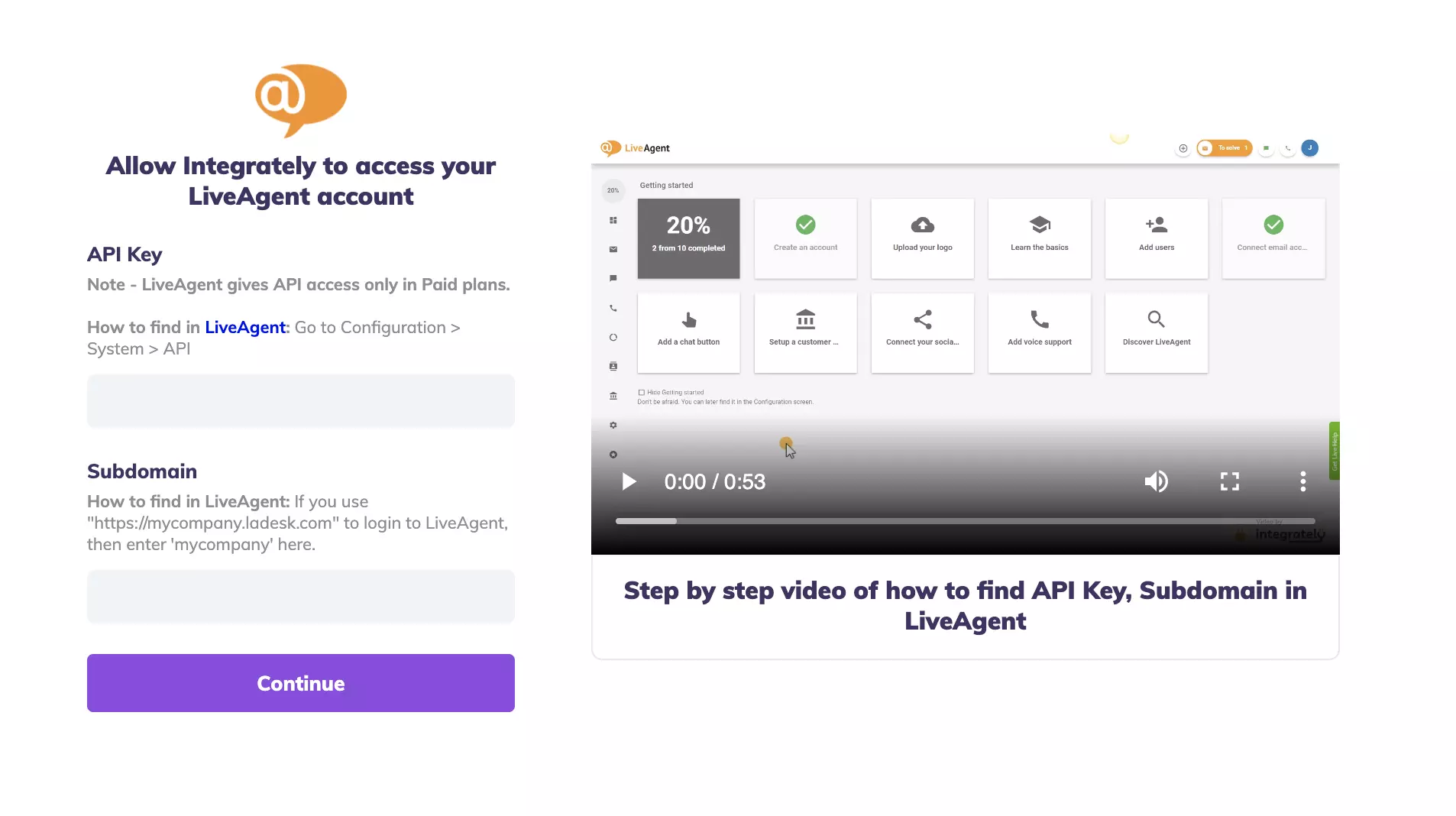 API key and subdomain fields in Integrately integration test