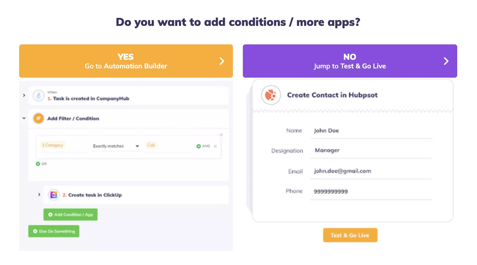 Choosing automation builder or jumping to test and taking the integration live