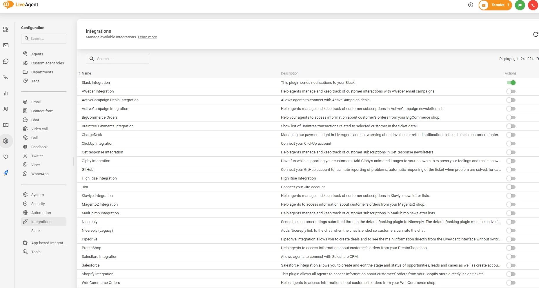 Integrációk aktiválása a LiveAgent-ben