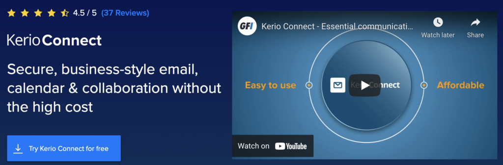 Kerio Connect homepage with free trial option