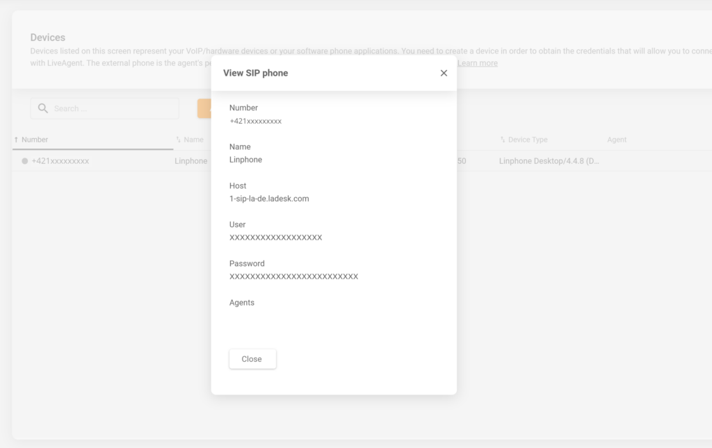 LiveAgent SIP eszköz konfigurációja