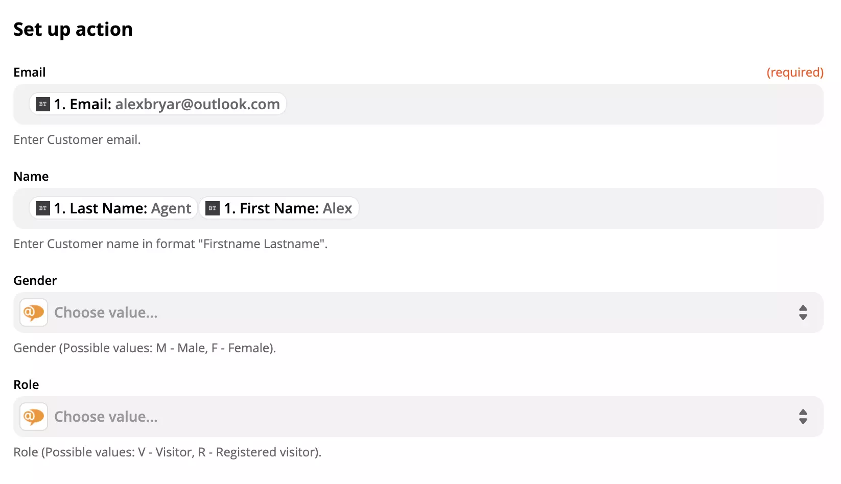 LiveAgent művelet konfiguráció adatokkal a mezőkben a Zapier-en
