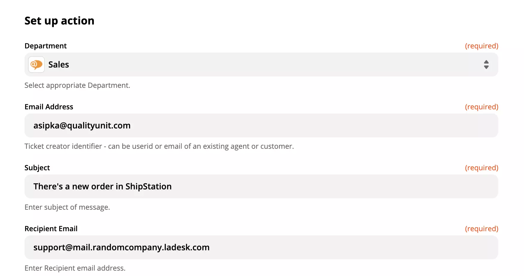 LiveAgent művelet konfigurációja
