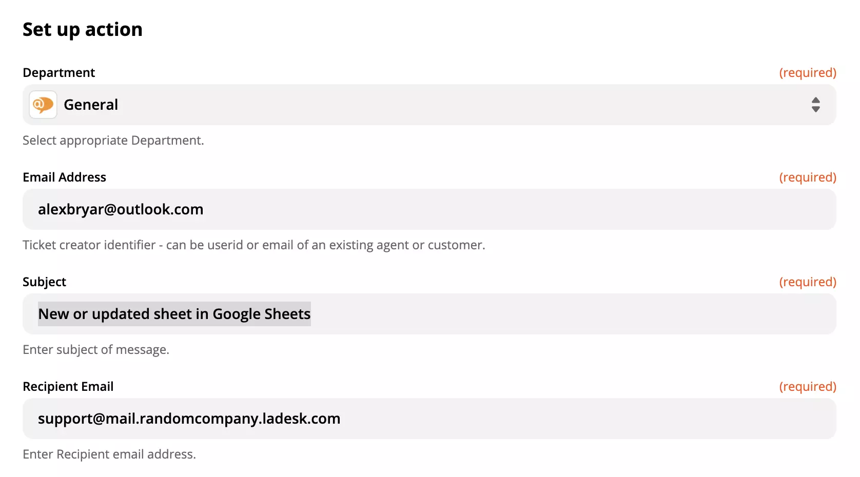 LiveAgent action beállítása a Google Sheets integrációban