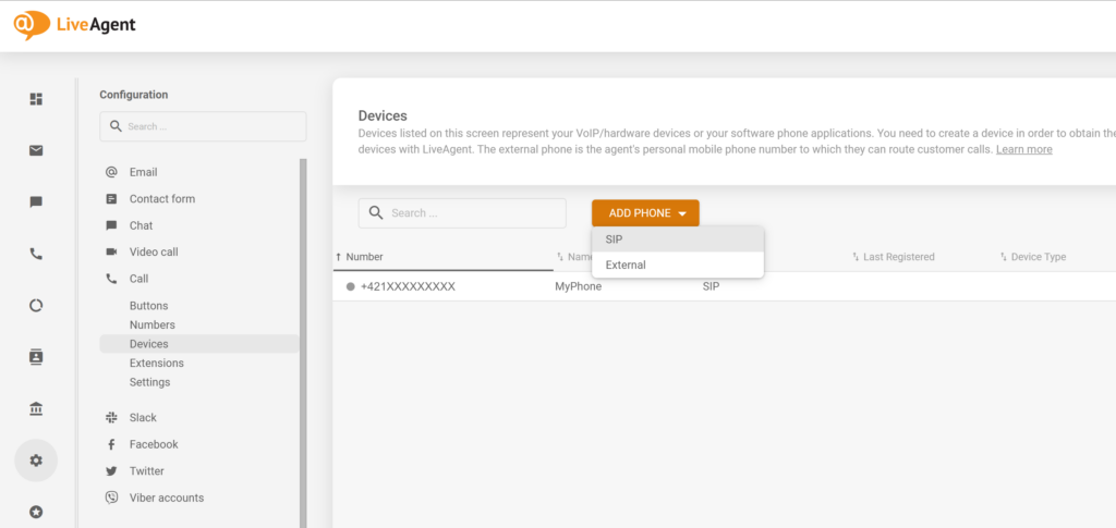 Új SIP telefon hozzáadása a LiveAgent konfigurációban