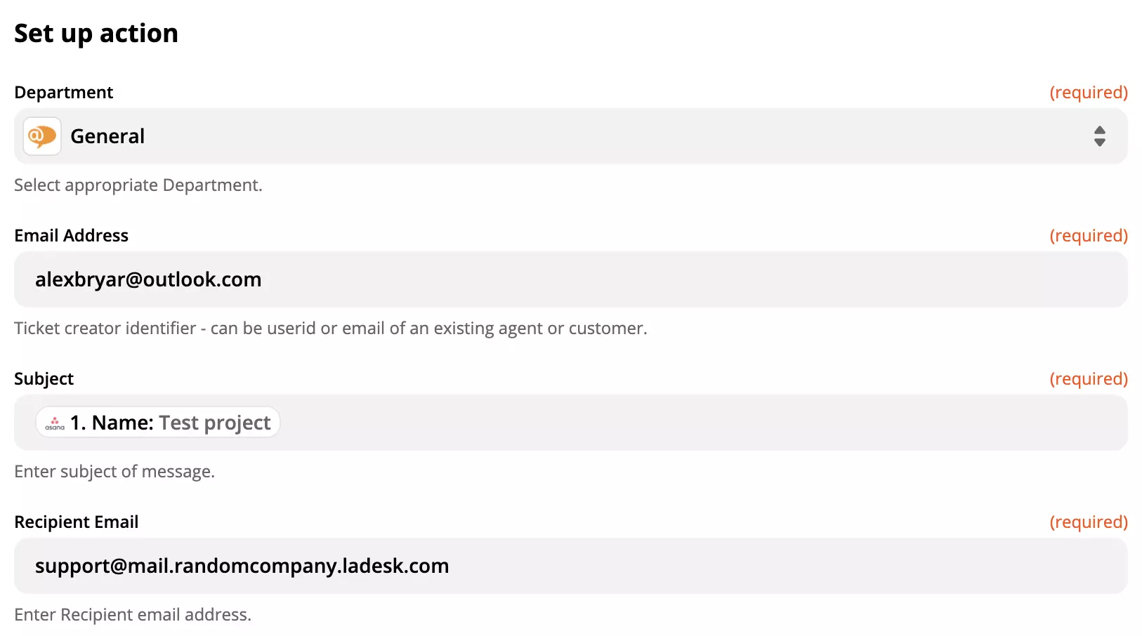 LiveAgent művelet beállítása az Asana integrációban a Zapier-en