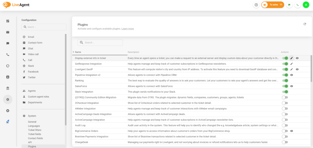 Külső információ bővítmény aktív a LiveAgent beállításokban