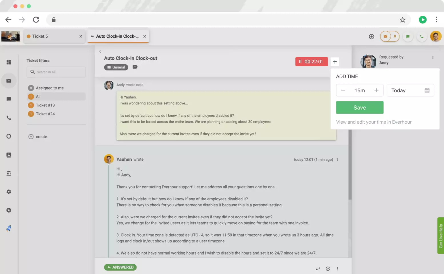 Everhour vezérlők a LiveAgent-ben