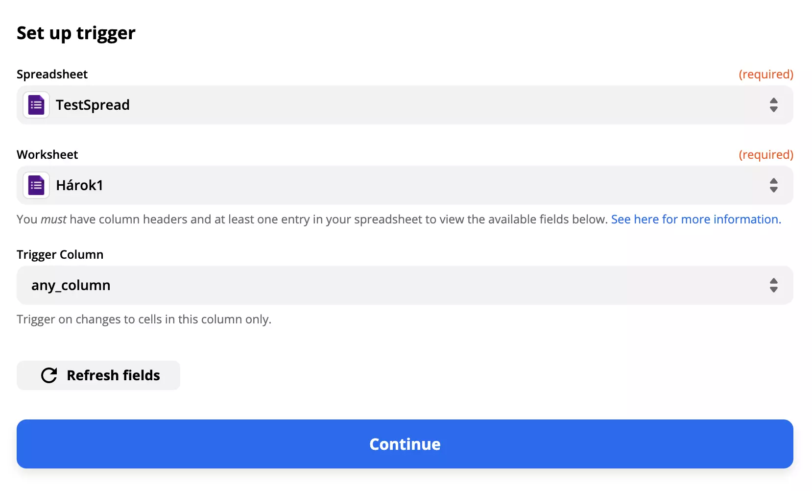Google Űrlapok indító beállítási példa kitöltött mezőkkel