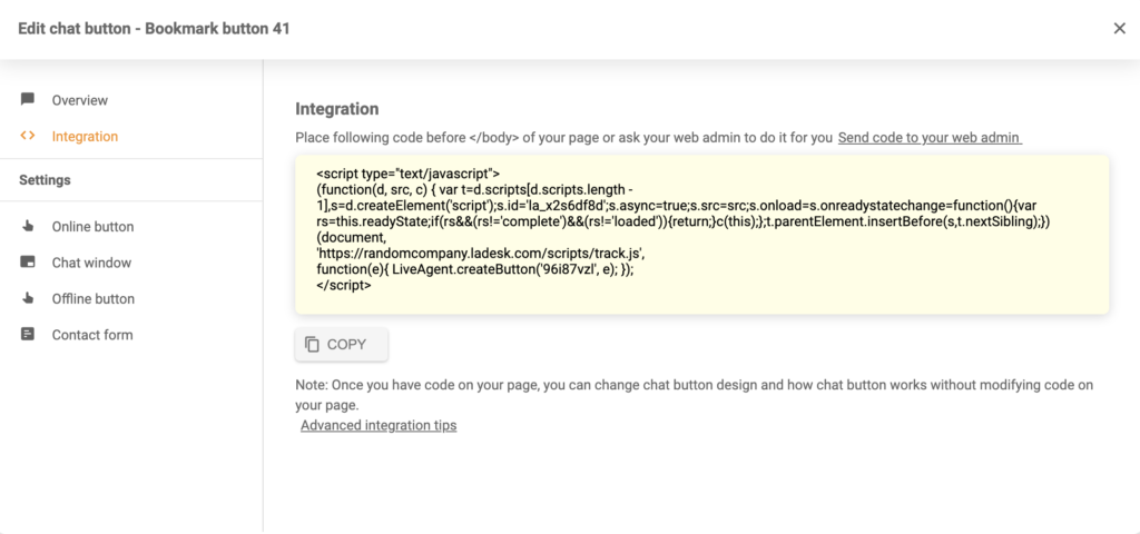 Generált csevegés gomb integrációs kódja a LiveAgent-ben