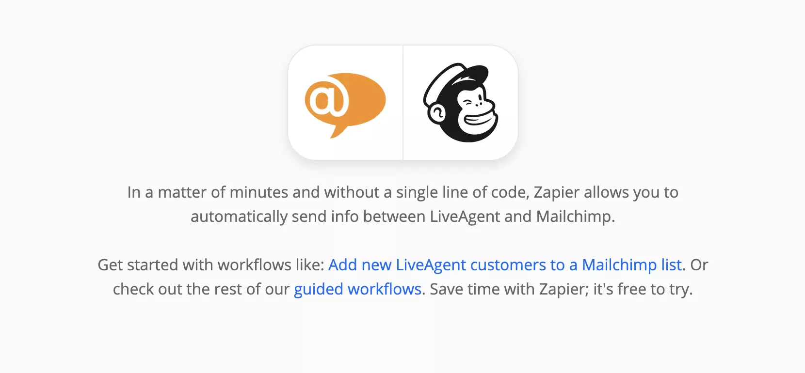 LiveAgent és Mailchimp integrációk oldala a Zapier-en