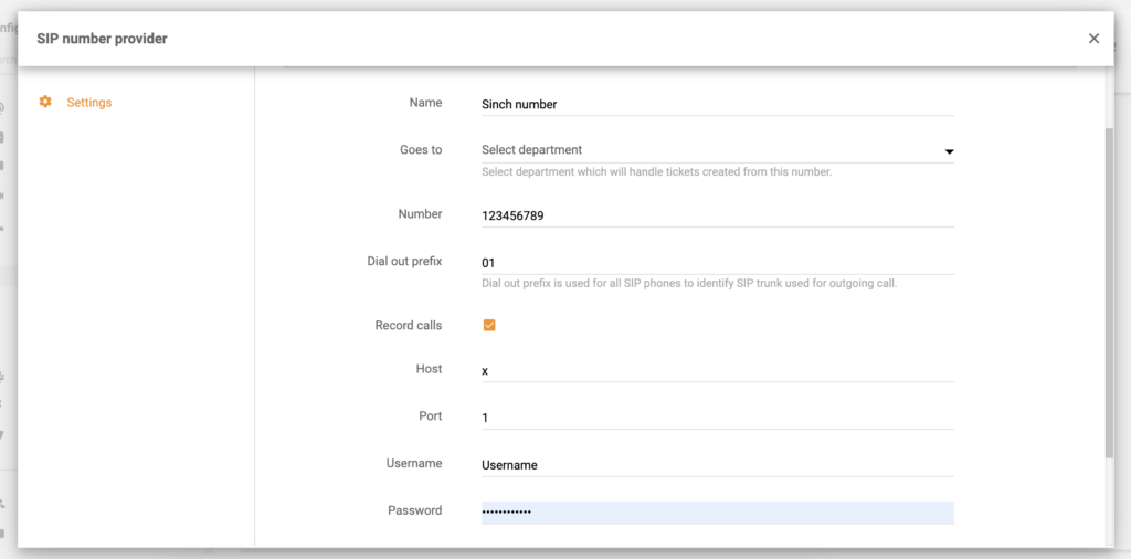Sinch szám konfigurálása a LiveAgent-ben