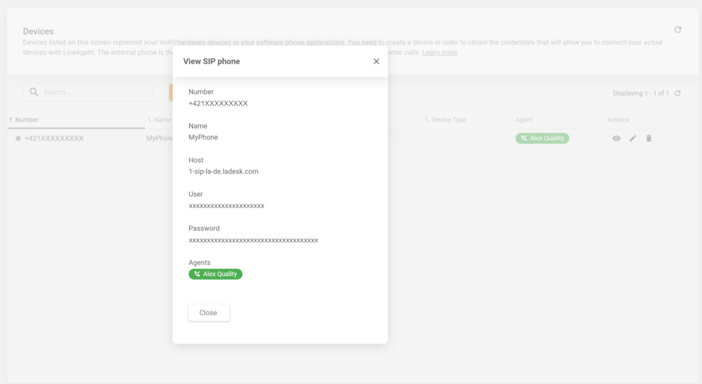 Újonnan létrehozott SIP telefon részletei a LiveAgent konfigurációban