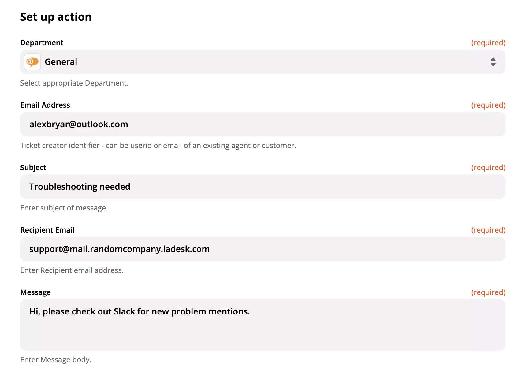 Kitöltött LiveAgent action konfiguráció