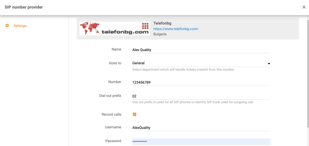 TelefonBG beállítása új hívásközpont szám hozzáadásakor a LiveAgent-ben