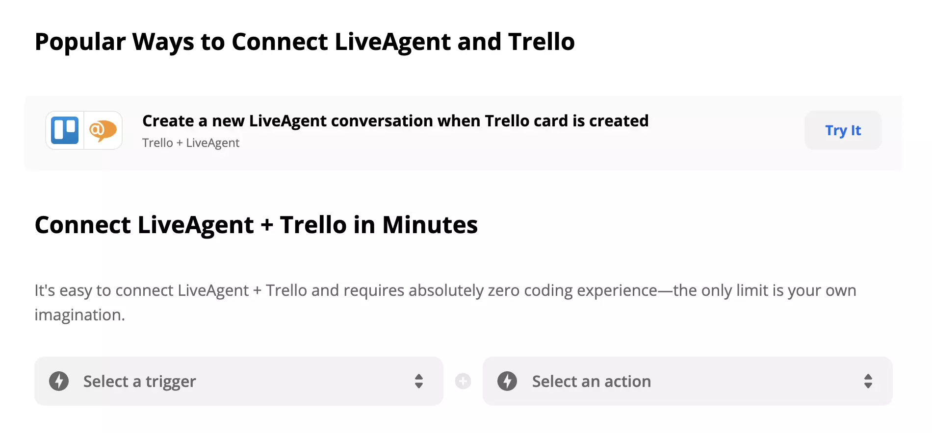 LiveAgent és Trello integráció a Zapier-ben Trigger és Action kiválasztással