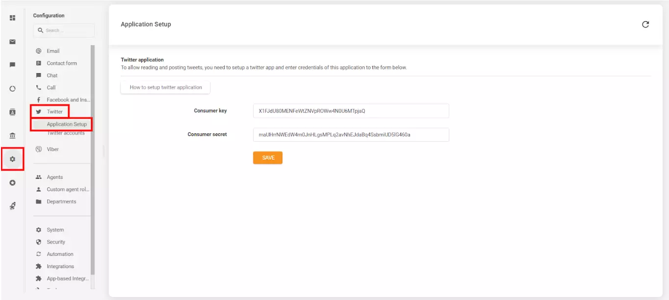 A kép azt mutatja, hol és hogyan lehet csatlakoztatni a LiveAgent fiókot a létrehozott Twitter (X) fiókkal