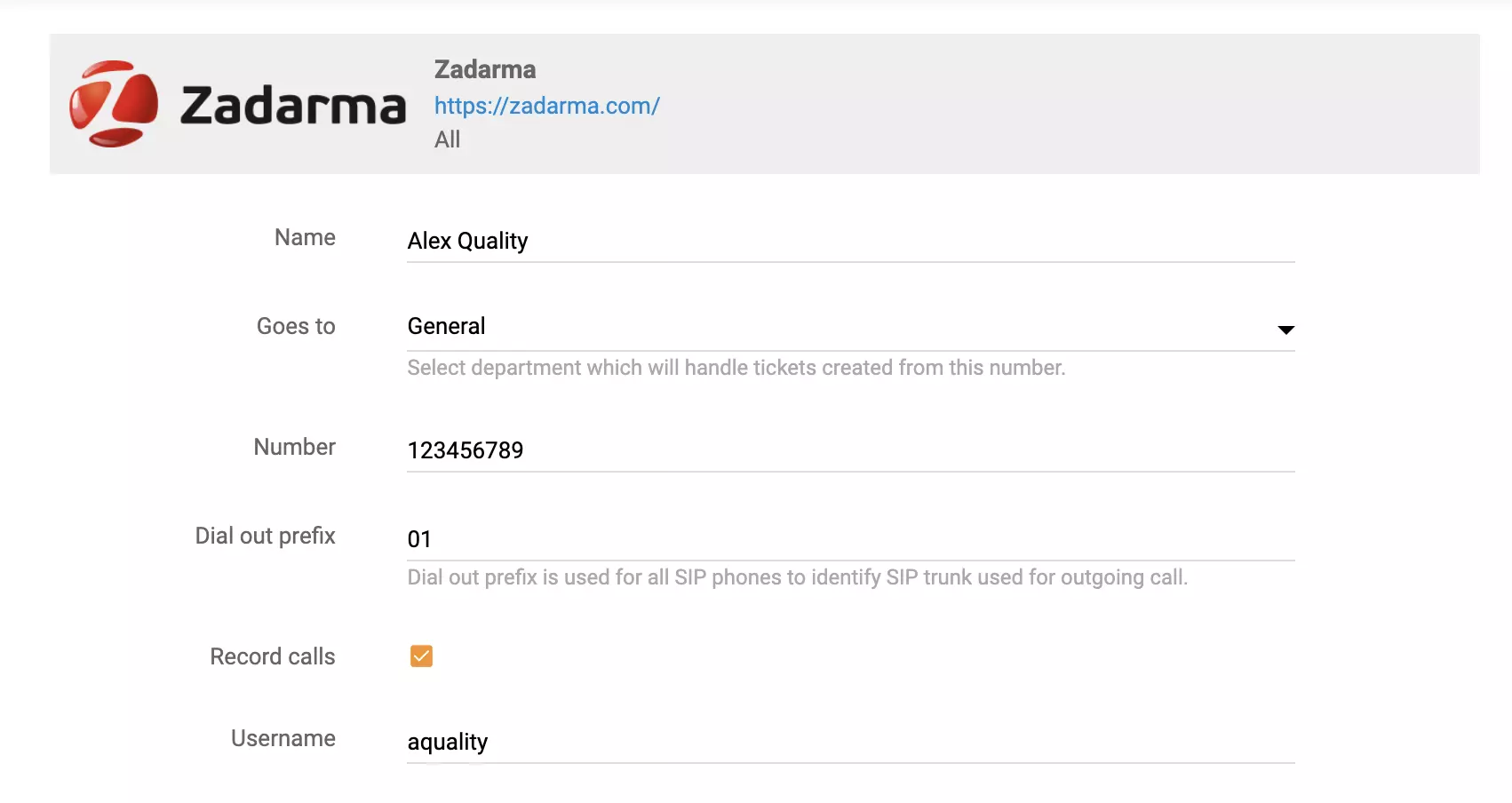Zadarma hívásbeállítási lehetőségek a LiveAgentben