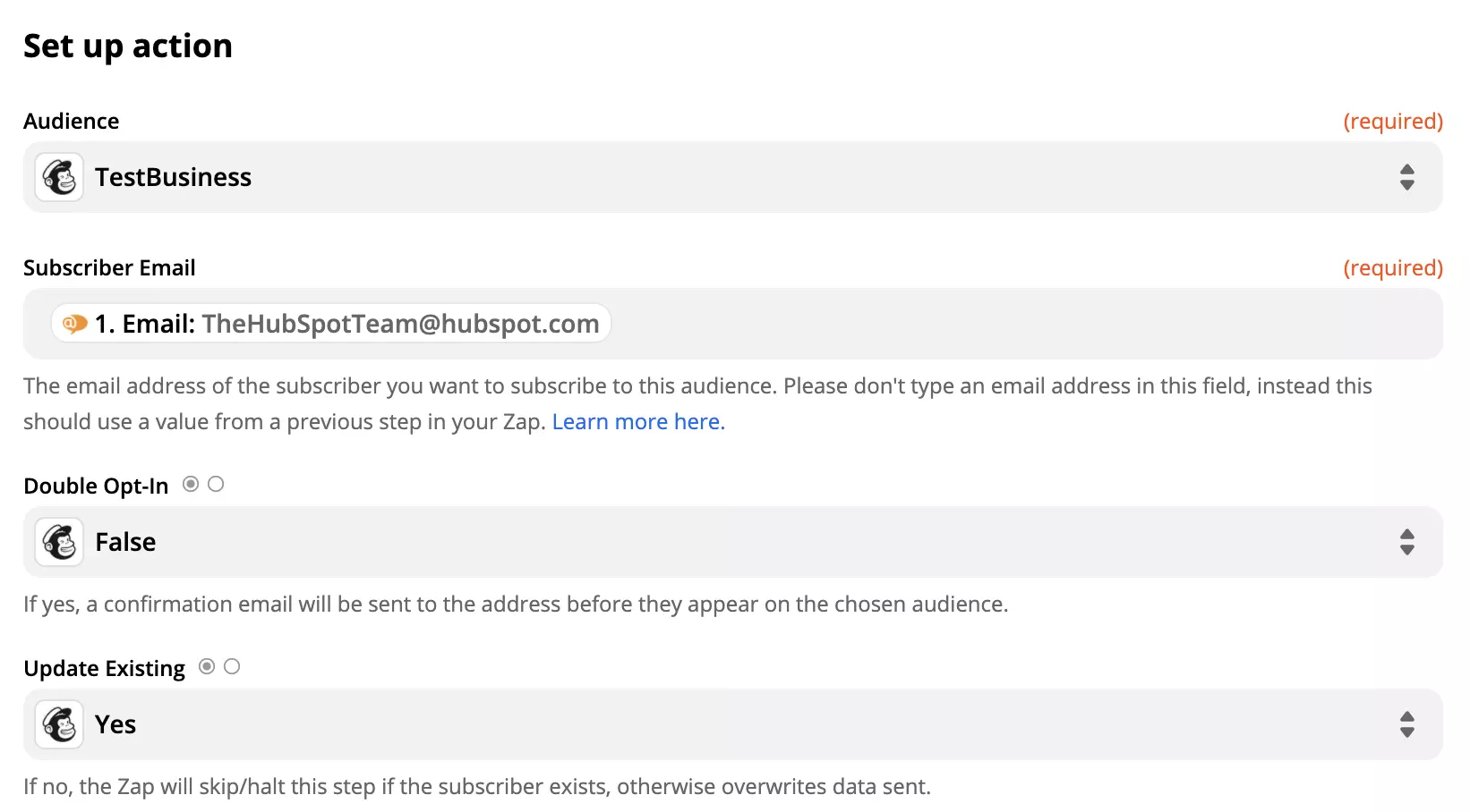 Mailchimp action beállítása