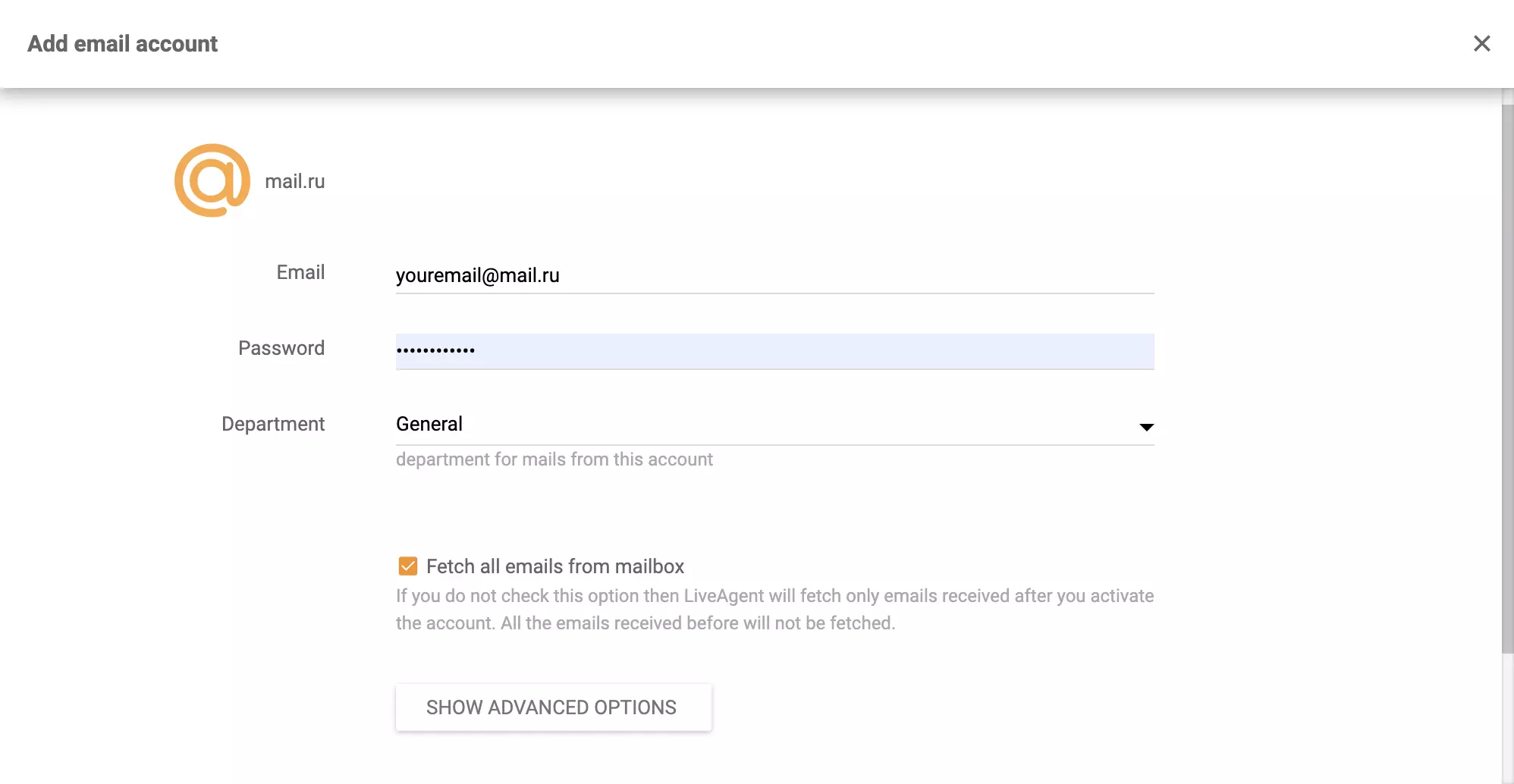 Mail.ru konfiguráció a LiveAgent-ben