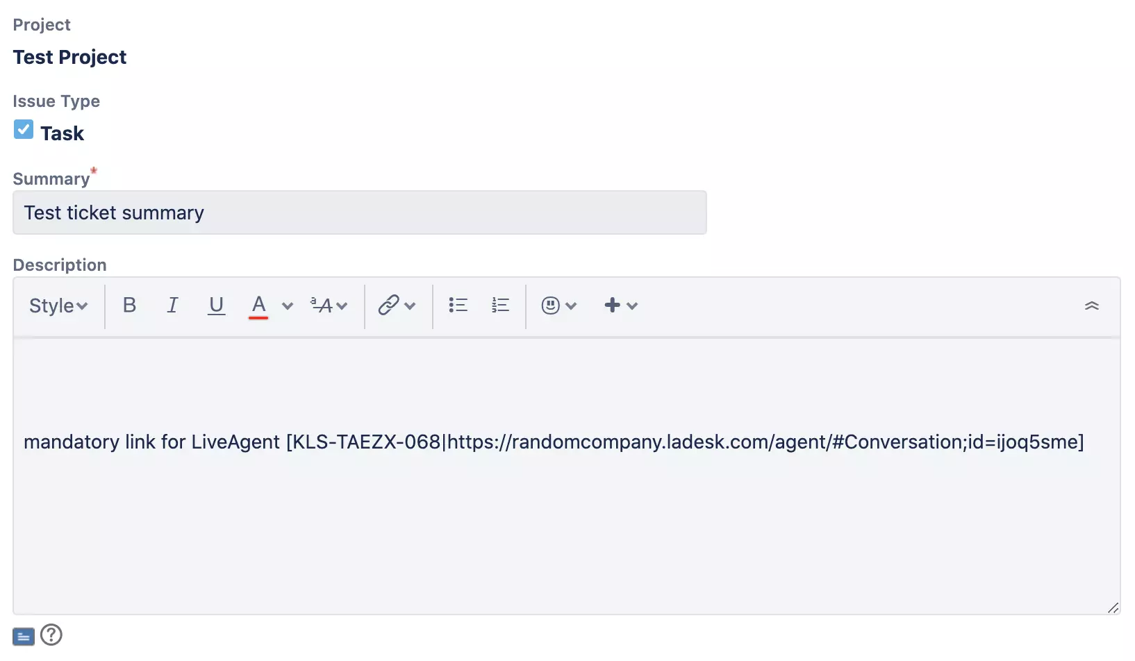 Egy új Jira ablak az új probléma létrehozásával és leírásával
