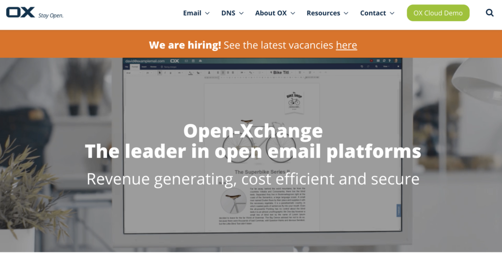 Open-Xchange kezdőlap előnyökkel