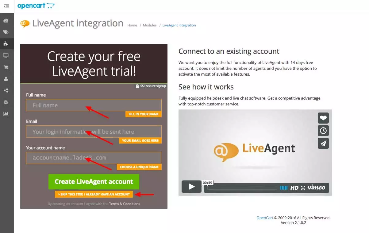 OpenCart LiveAgent integráció - Hitelesítési adatok megadása
