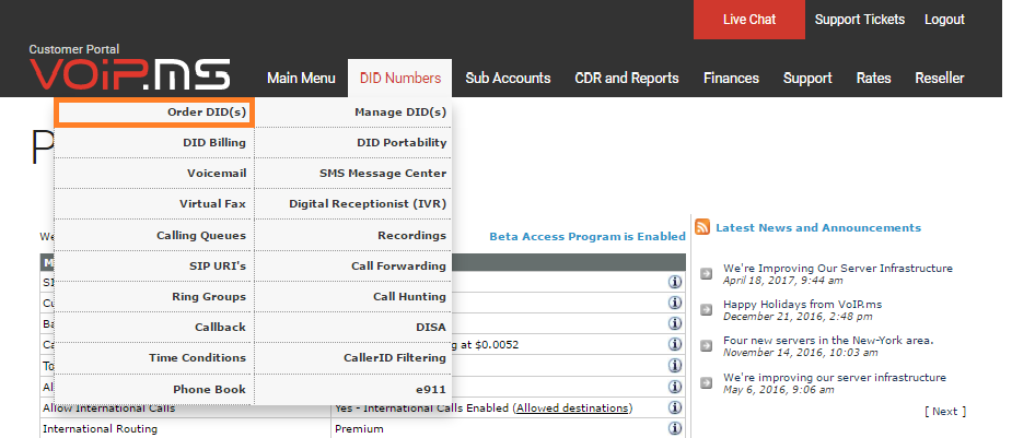 DID számok szakasz a VoIP.ms-ben
