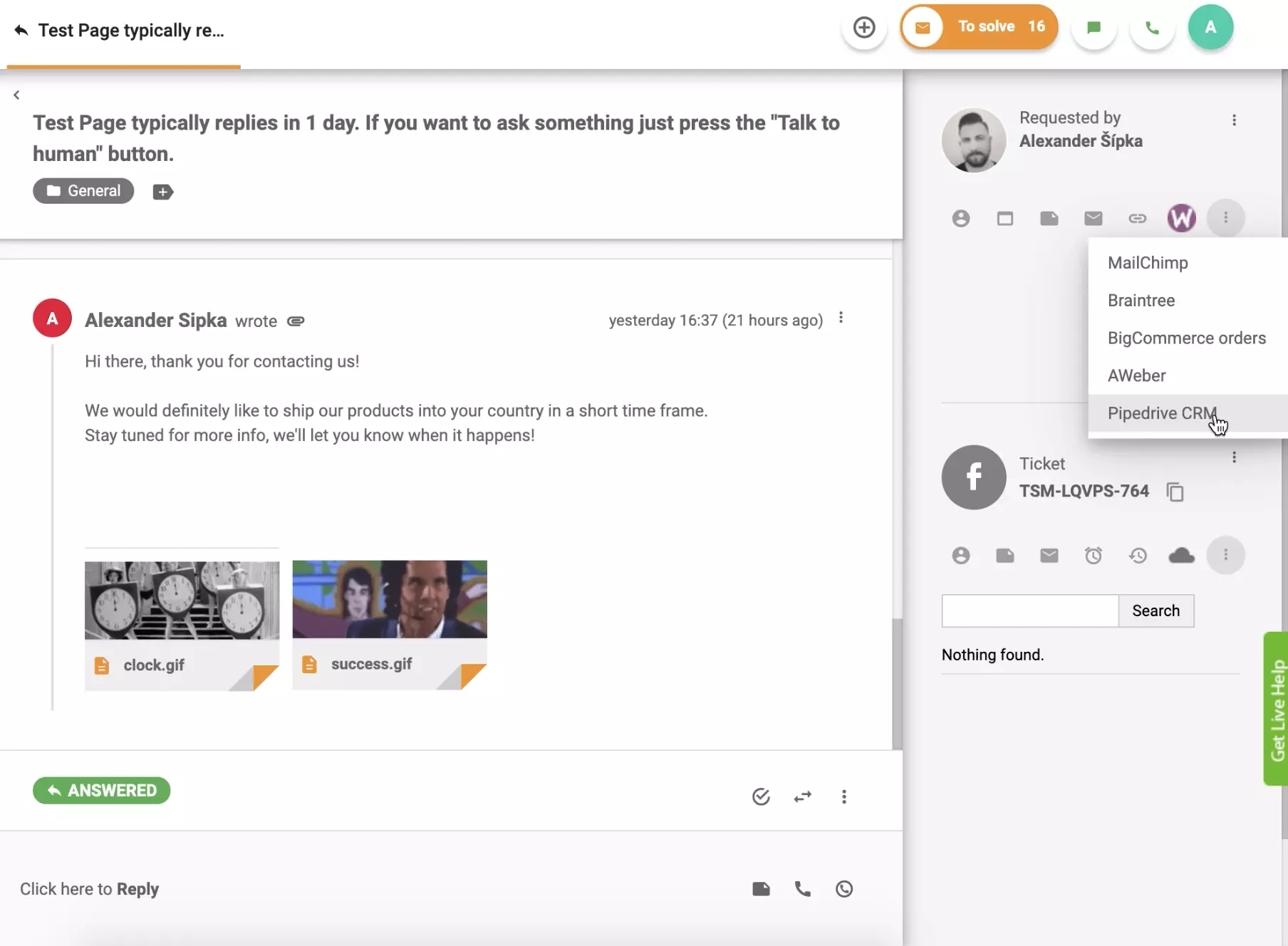 A PipeDrive CRM aktív a LiveAgent jegy nézetben