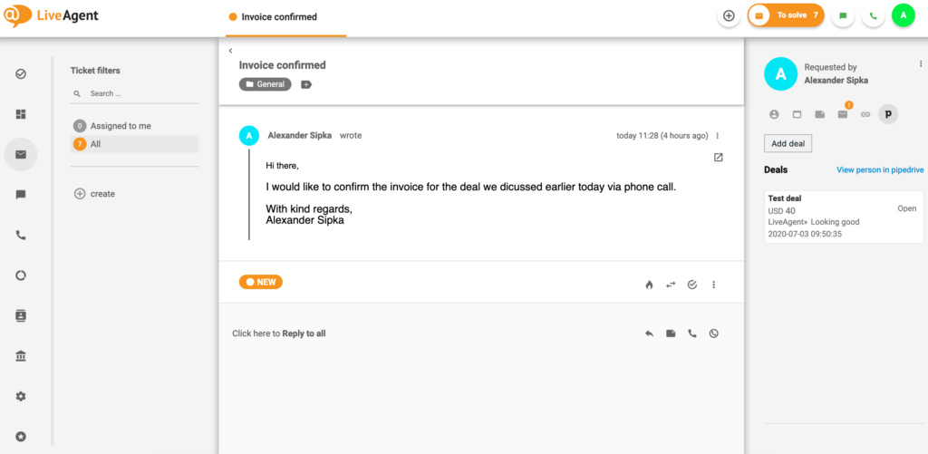 PipeDrive üzlet a LiveAgent-ben