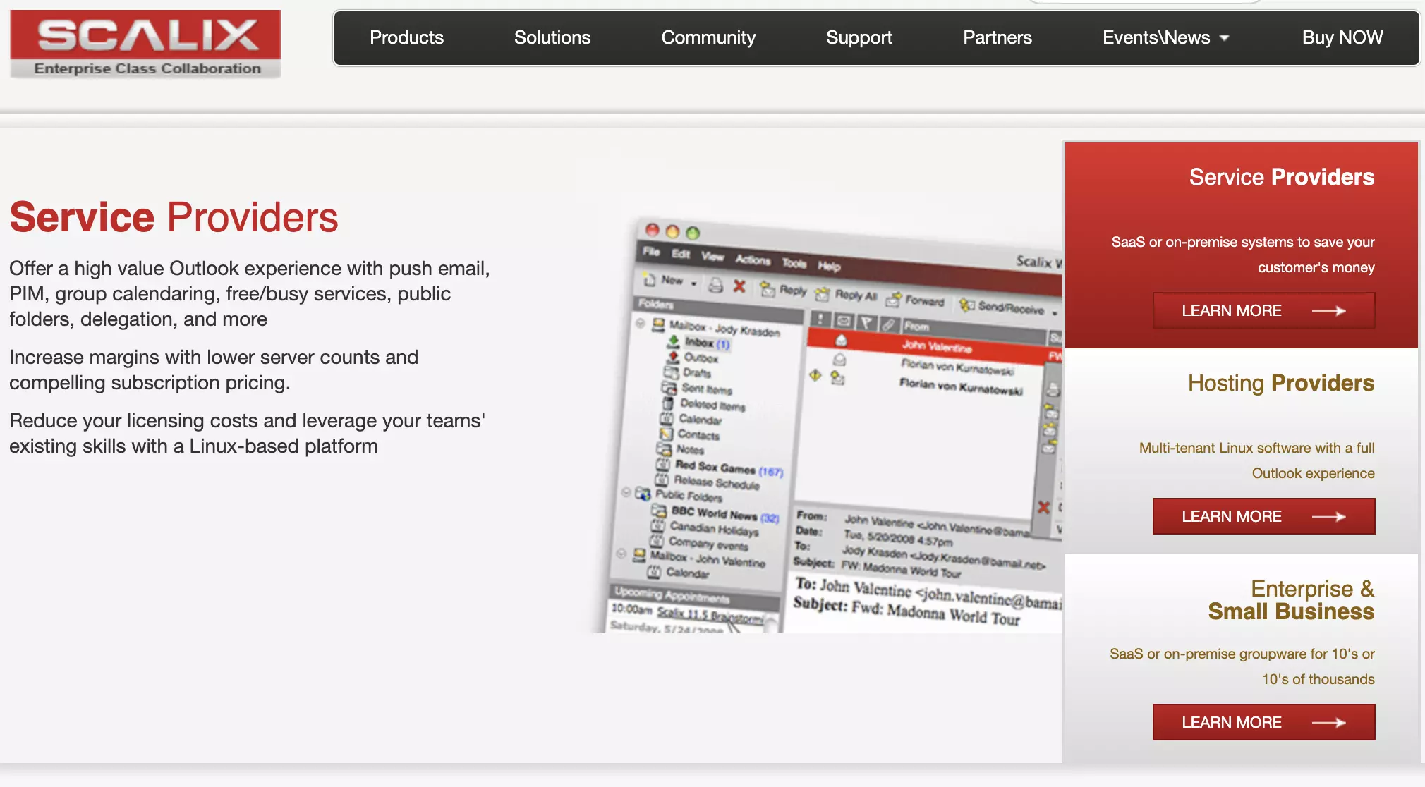 Scalix homepage with listed features and information