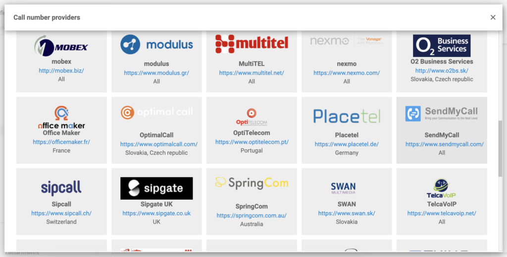 SendMyCall a VoIP szolgáltatók listájában a LiveAgent konfigurációban