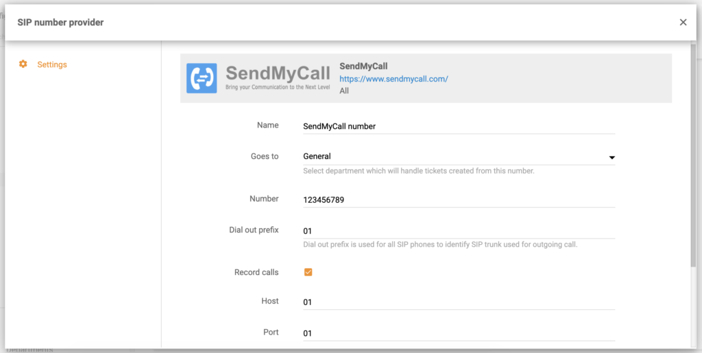 SendMyCall szám konfigurációja a LiveAgent-ben